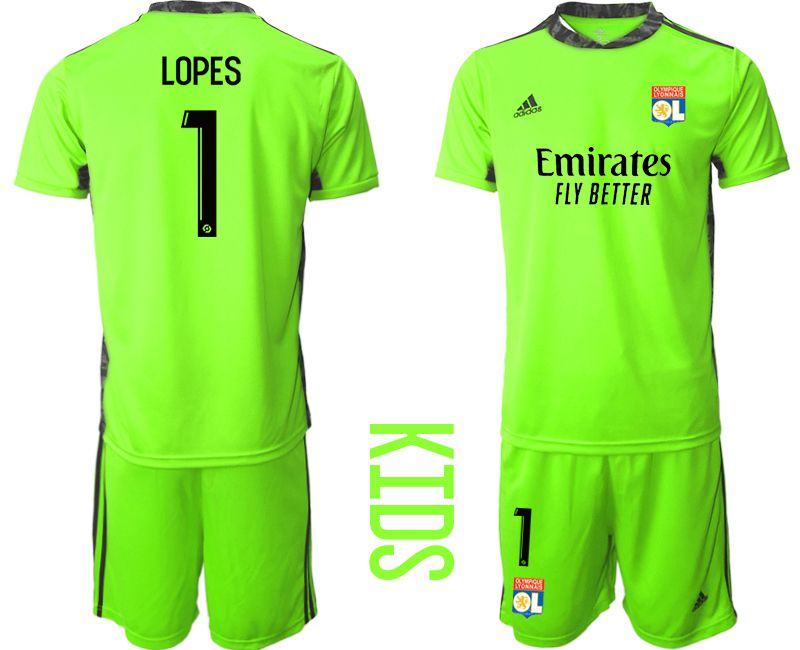Youth 2020-2021 club Olympique Lyonnais fluorescent green goalkeeper #1 Soccer Jerseys